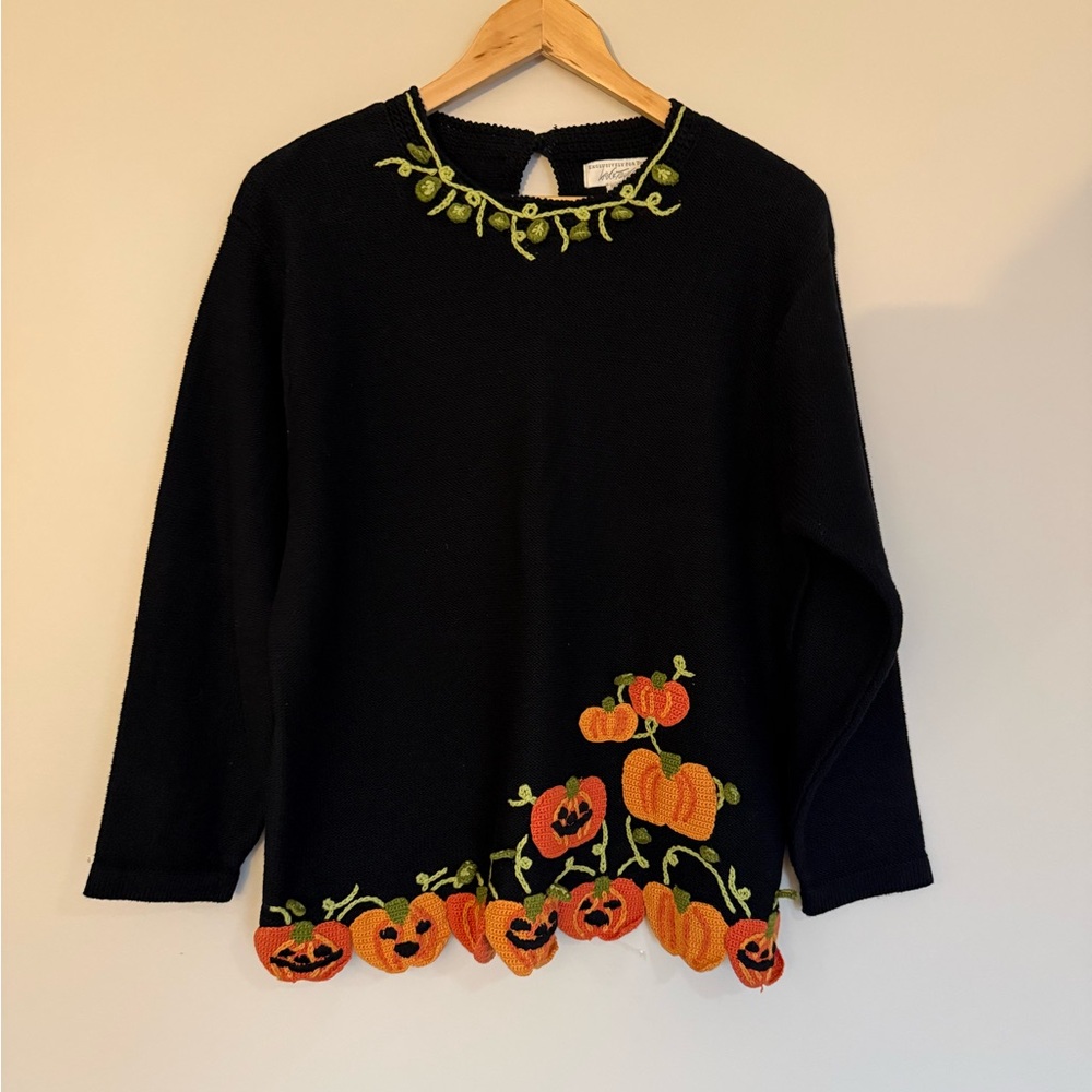 Vintage Lord & Taylor Women’s Black Sweater Pumpkin Embroidery and Bobbles Sz L